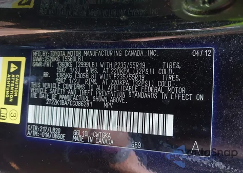 2012 Lexus Rx 350 from USA, damaged, VIN 2T2ZK1BA7CC086281